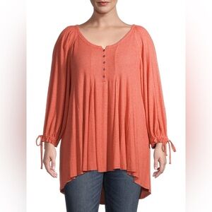 Terra & Sky Plus Size Ribbed Babydoll Henley Top Size 0x Orange Saffron HEATHER